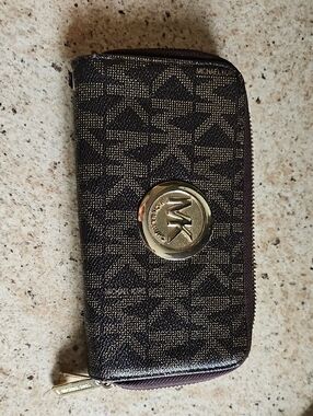 Michael Kors Brown and Gold MK Logo Zip Around Wallet